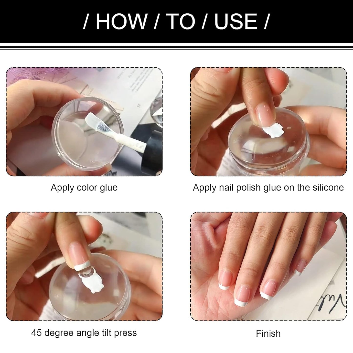 4Pcs Nail Art Stamper Kit, French Tip Nail Stamp with Scrapers Clear Silicone Long Short Nail Jelly Stamper Set for Home DIY Nail Decor French Manicure Art Salon